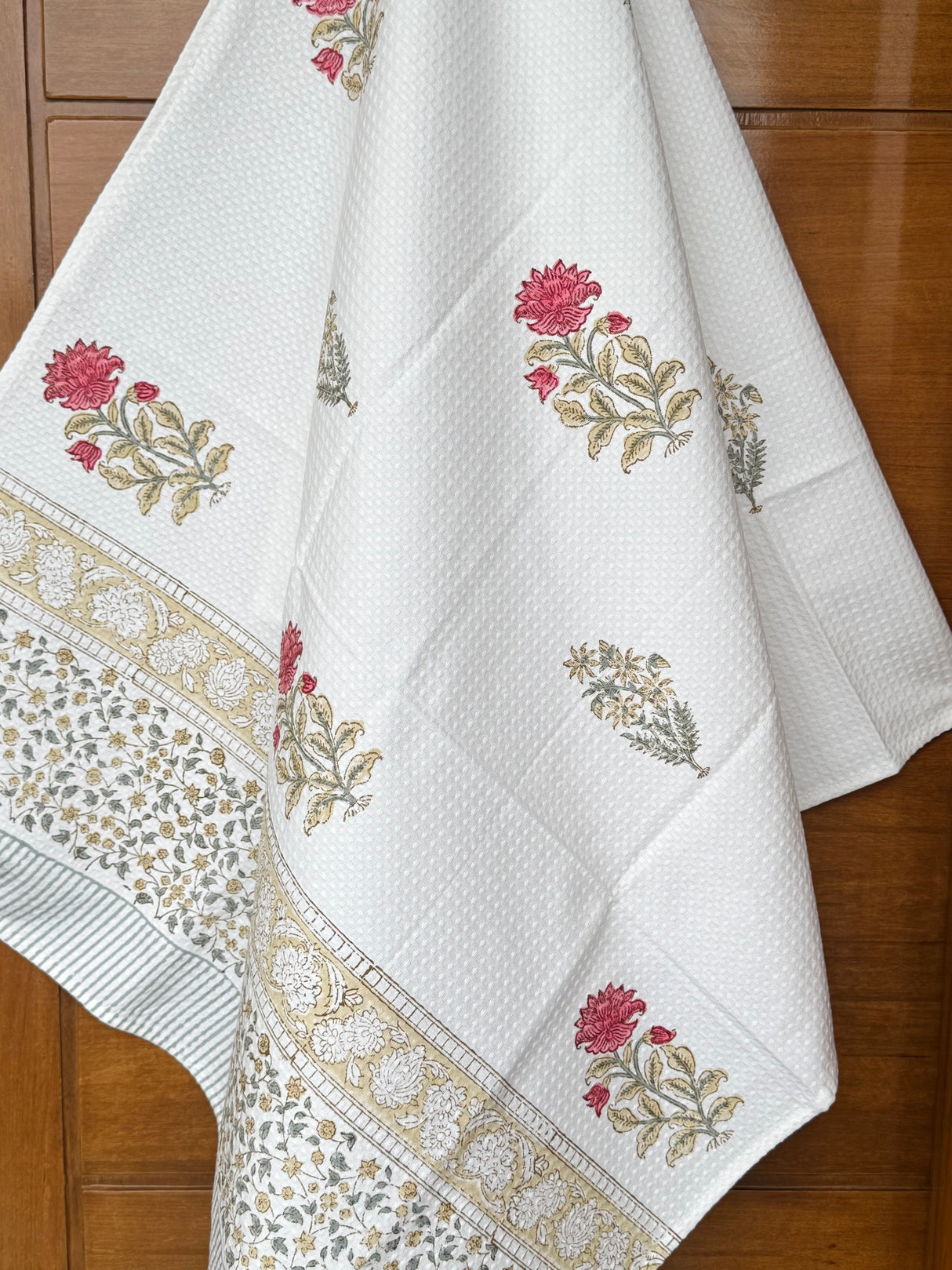 Subtle Red Floral Blockprint Cotton Towel – Waffle Weave