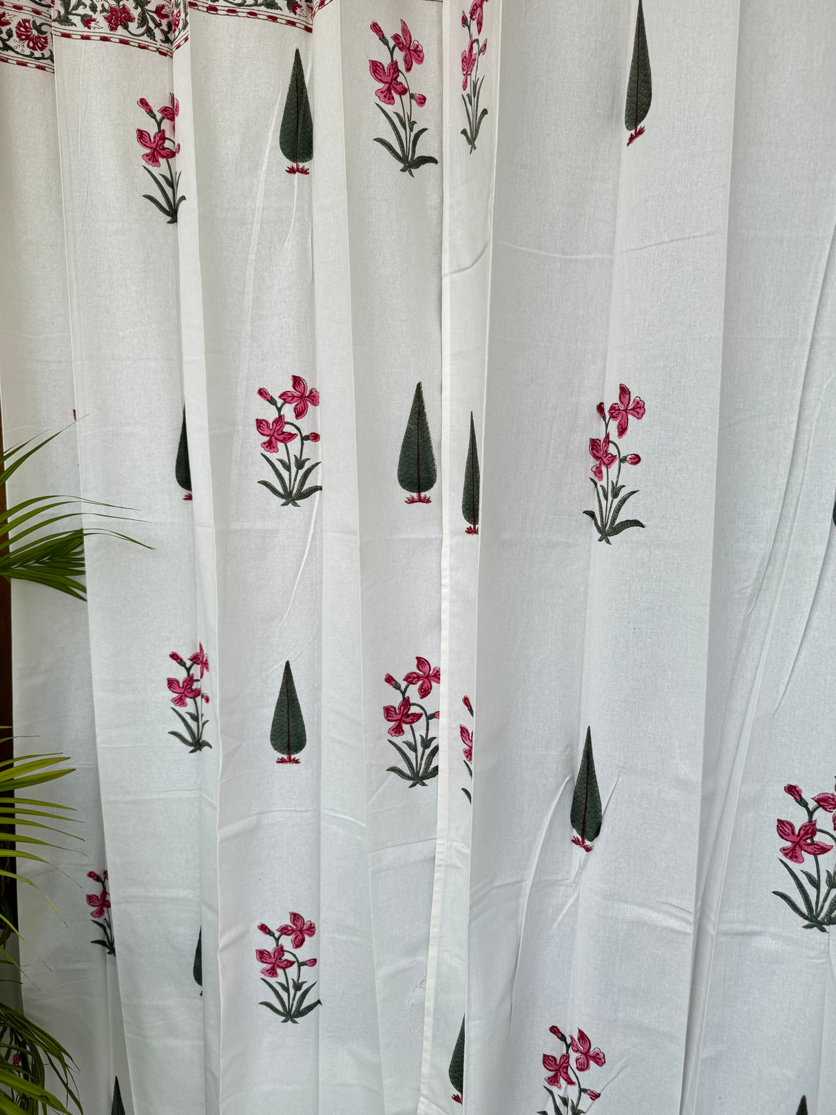Elegant Pink Floral Blockprint Cotton Curtain