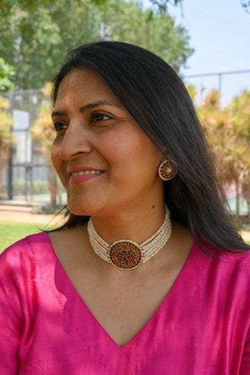 Noor-e-Mor Pearl and Kundan Setting Handcrafted 92.5 Silver Choker with Earrings