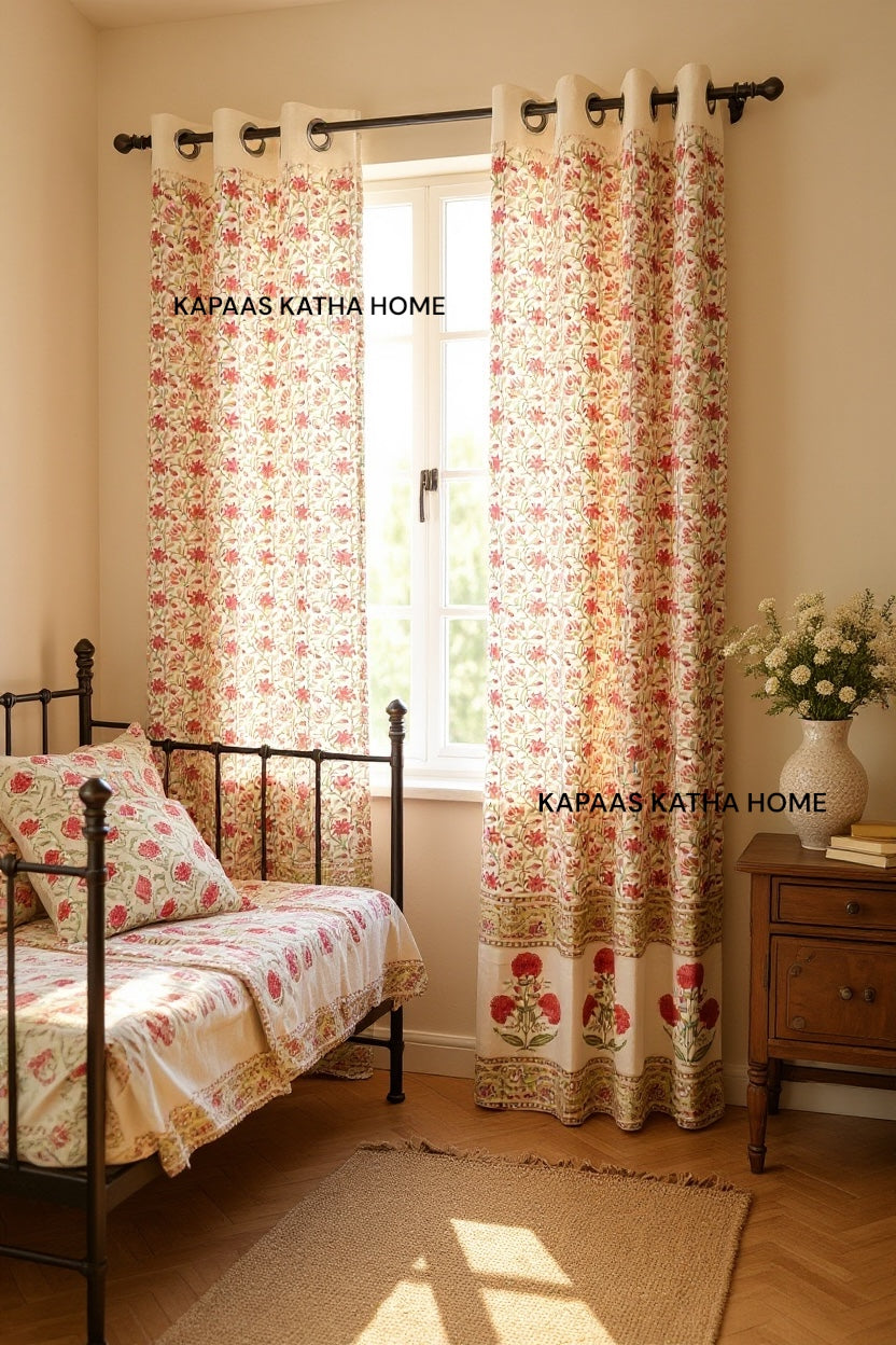 Pair of Elegant Blockprint Cotton Curtains (Set of 2)