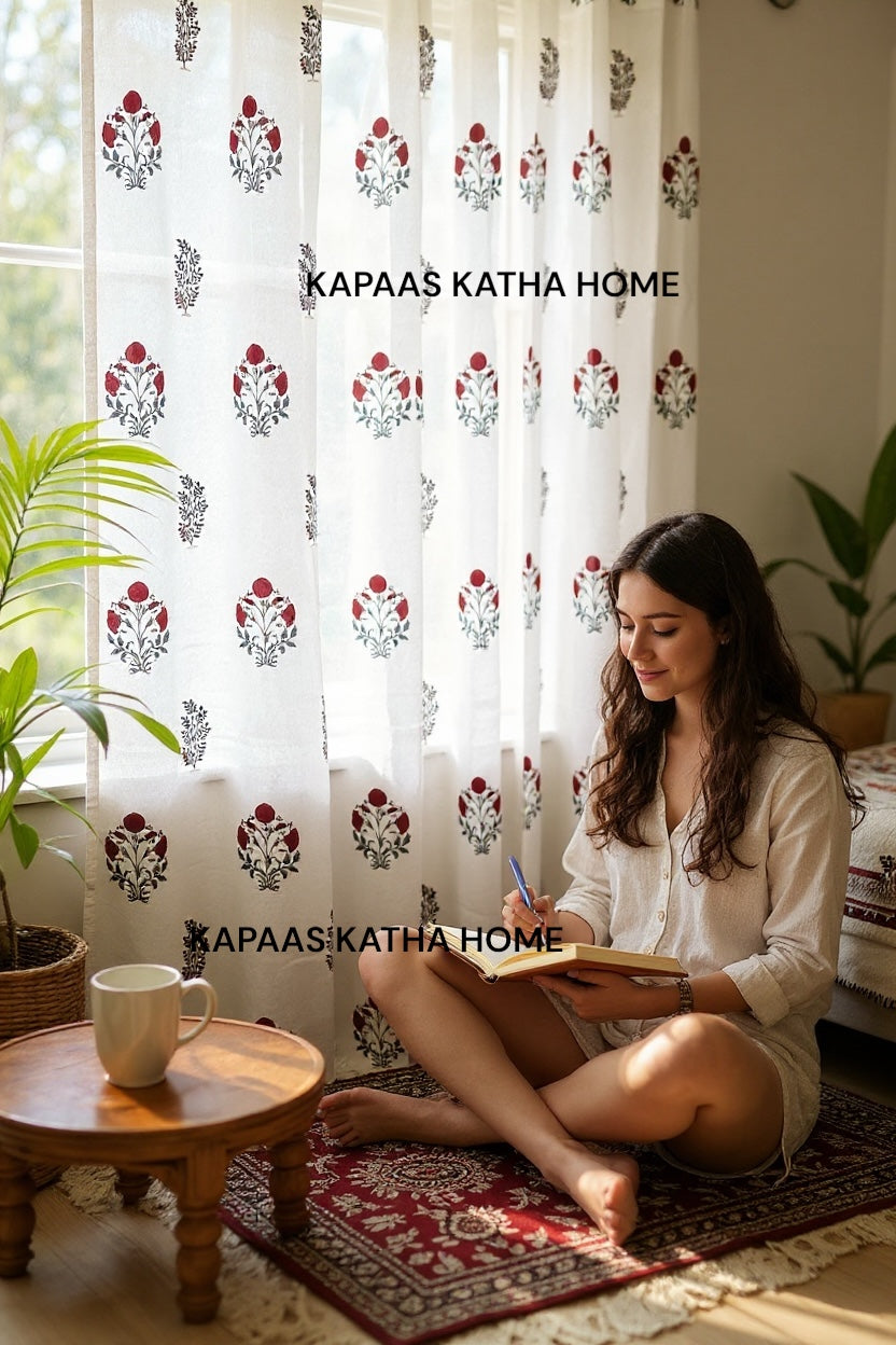 Pair of Red Motifs Blockprint Cotton Curtains (Set of 2)