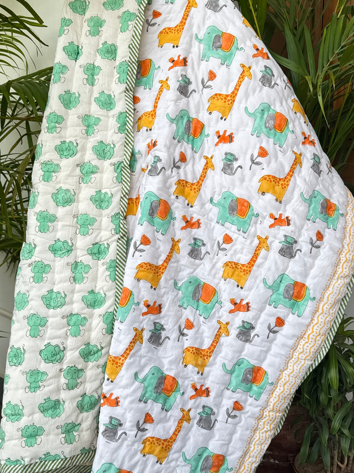 Giraffe Elephant Blockprint Kids Quilt