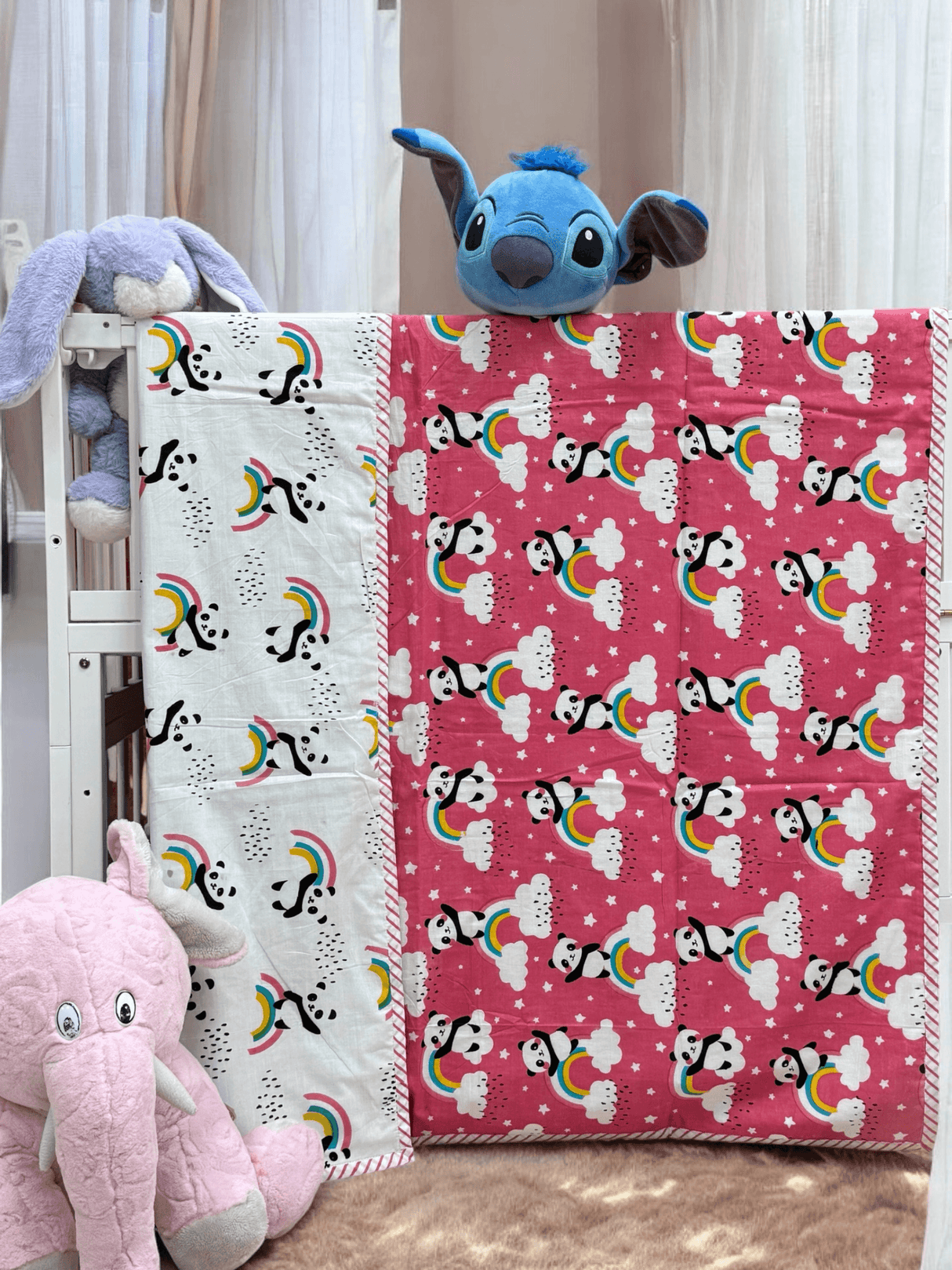 Soft Eco Friendly Cotton Flannel Kids Dohar Reversible Panda Design Peach White Base Layered Blanket Perfect for Baby Shower Gifts Birthday Return Gifts Wholesale Available for Small Business Owners Across the Globe