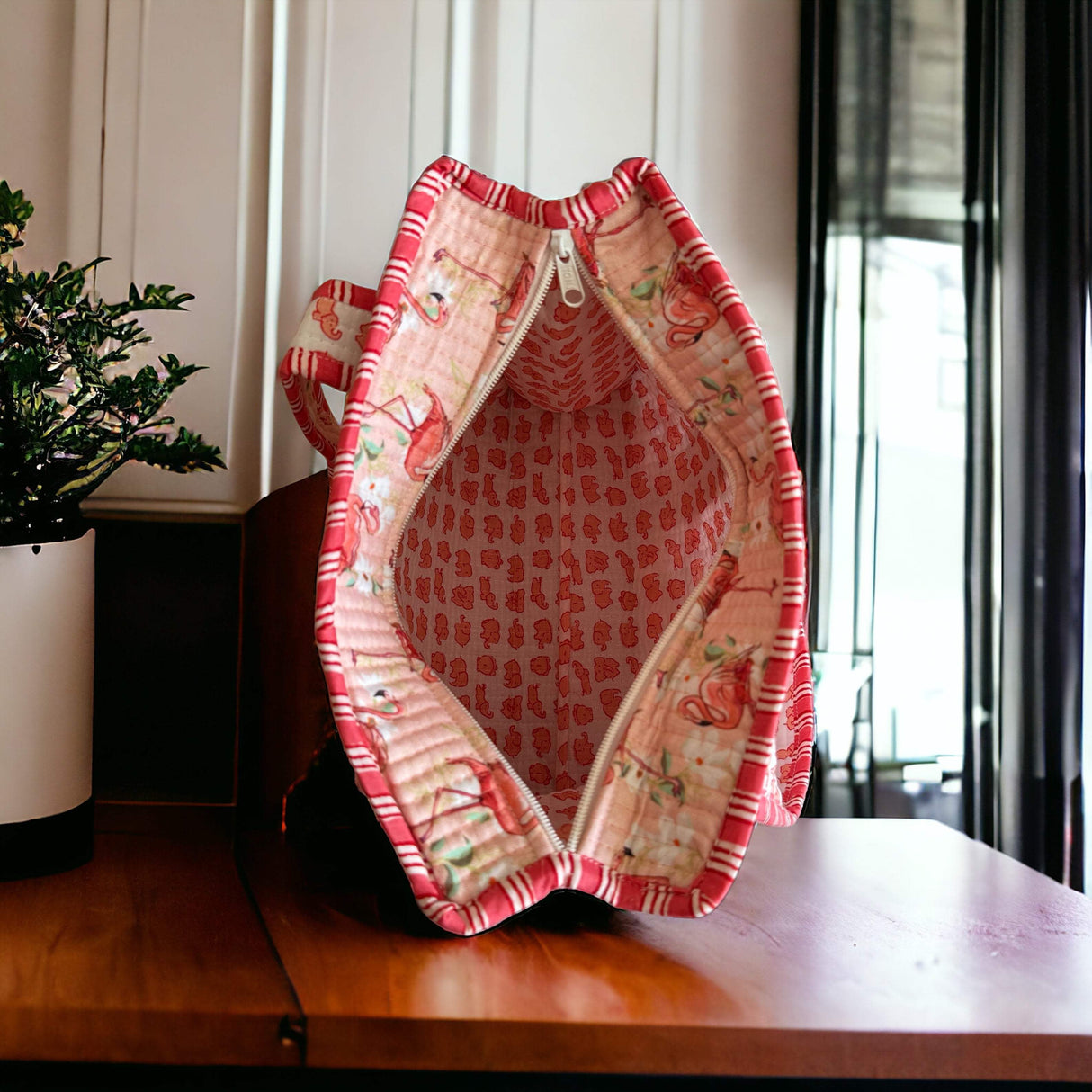 Functional handmade flamingo tote bags with water bottle slot for bulk orders in UAE and India