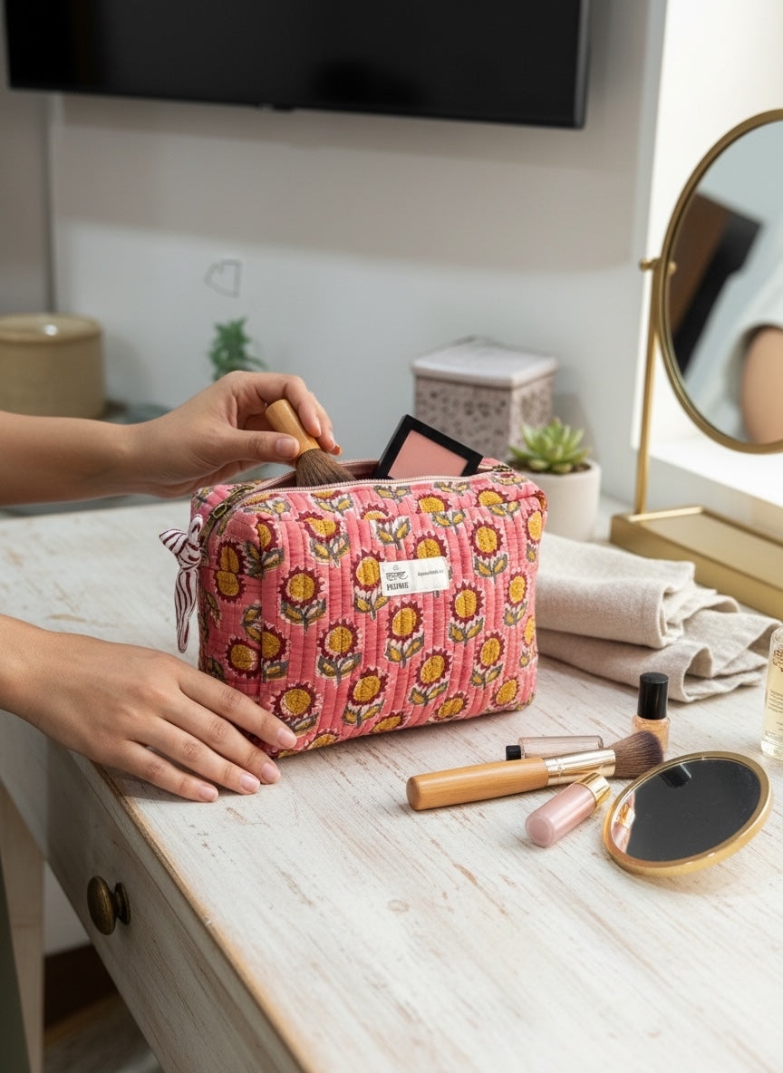 Petal Bud Hand-Block Cotton Quilted Utility Pouch