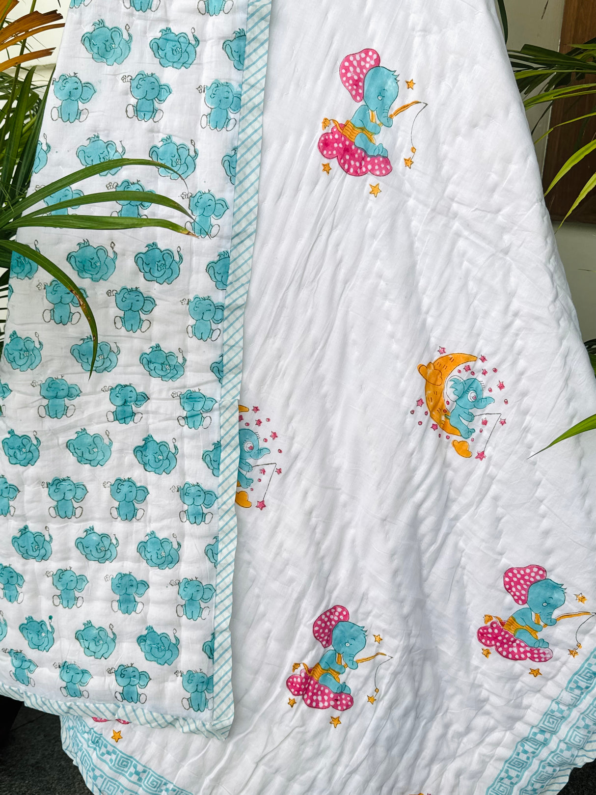 Moonlit Elephant Dreams Blockprint Quilt