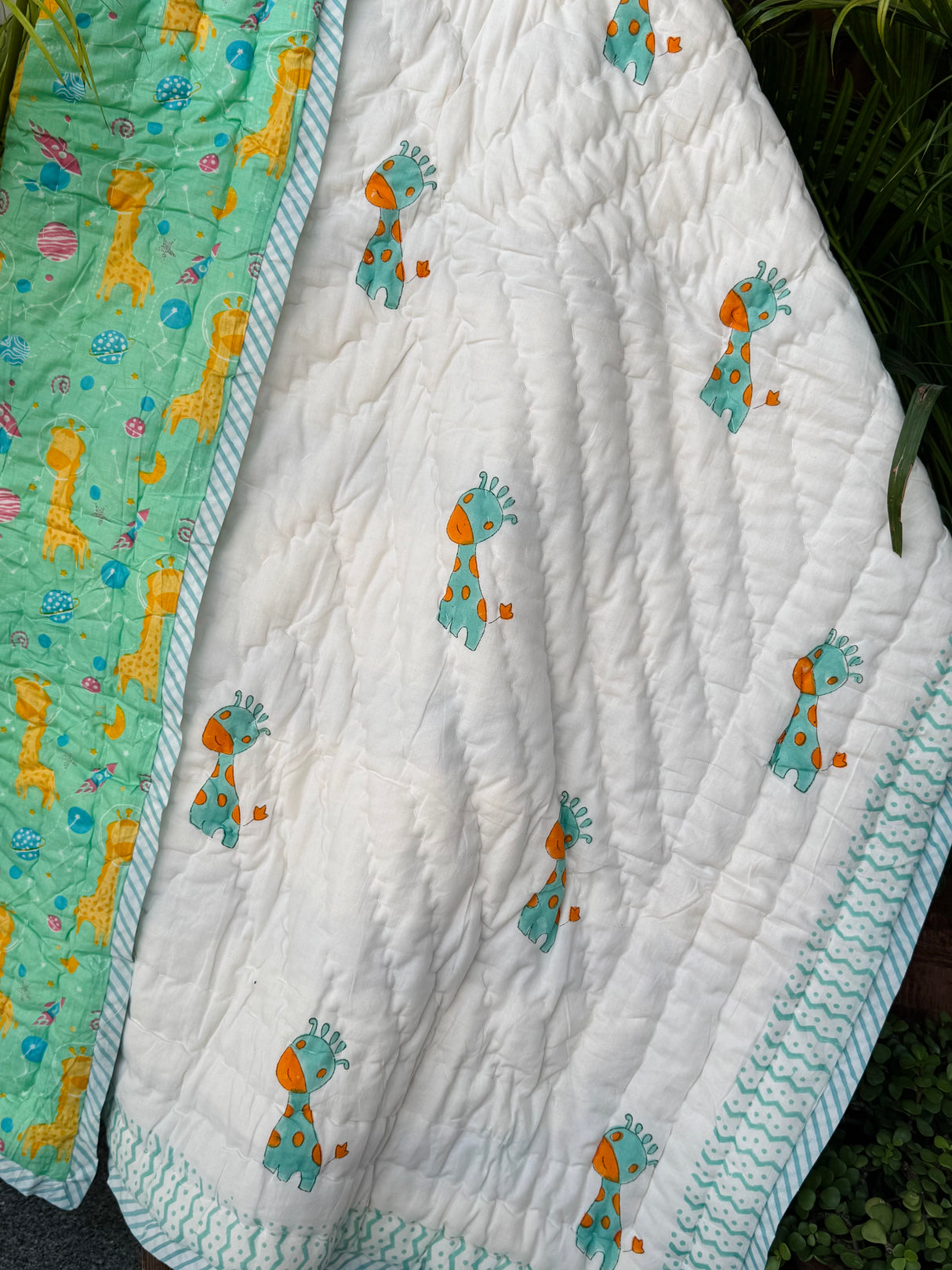 Green Giraffe Elephant Blockprint Kids Quilt