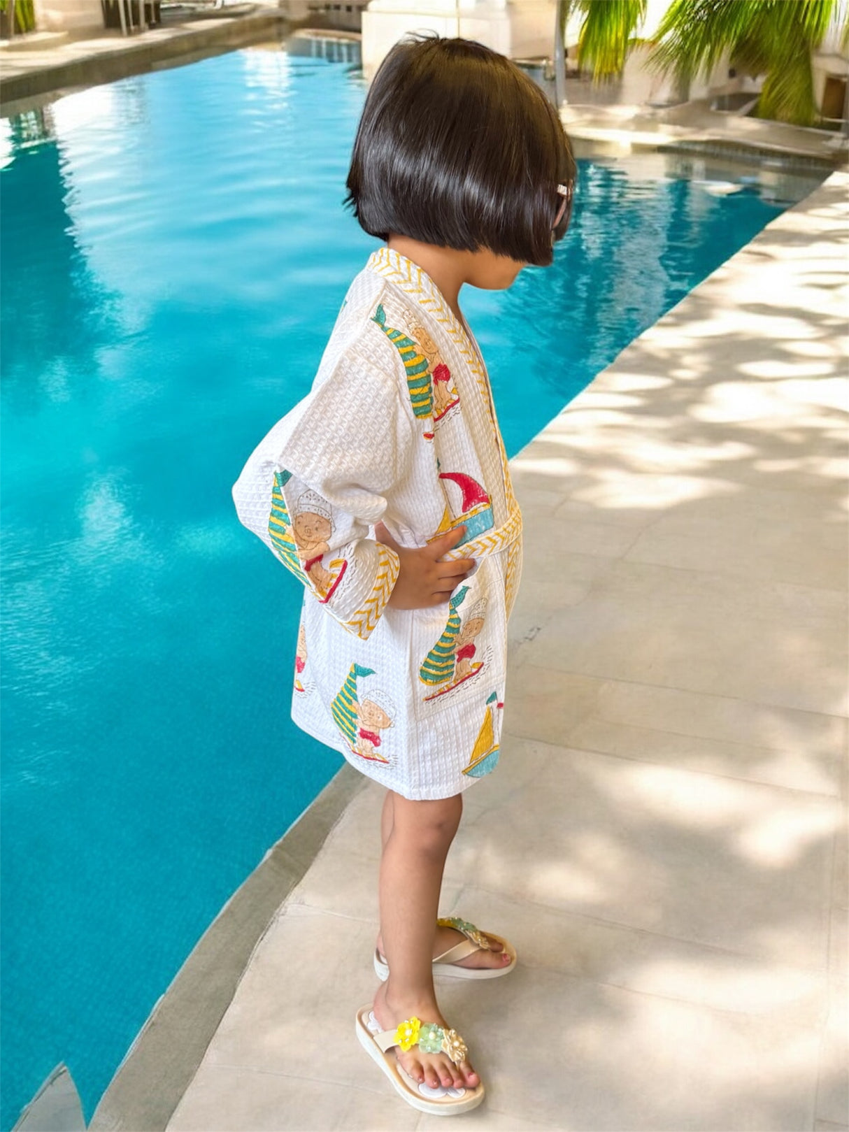 Beach Theme Kids Bathrobe-Cotton Waffle Blockprint
