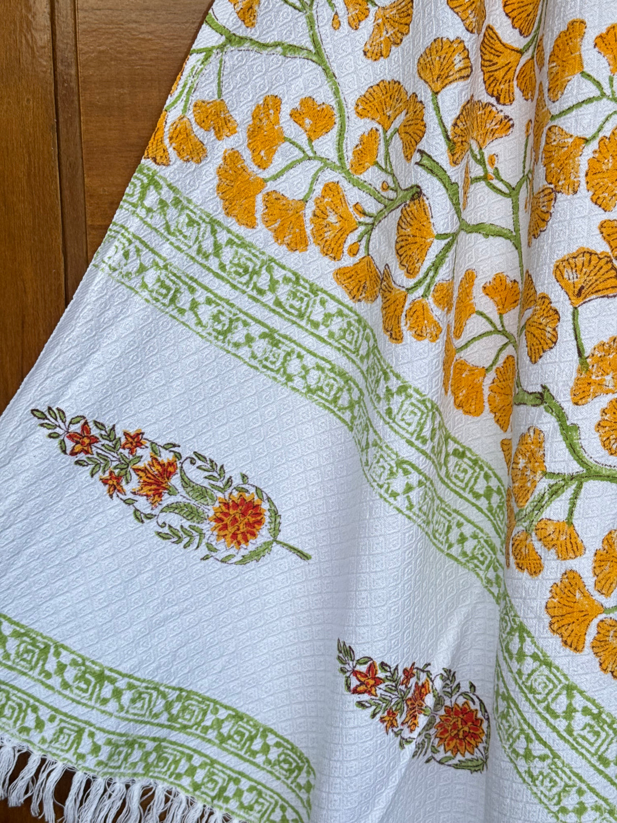 Beautiful Yellow Blockprint Soft Cotton Towel– Cotton Jacquard Weave