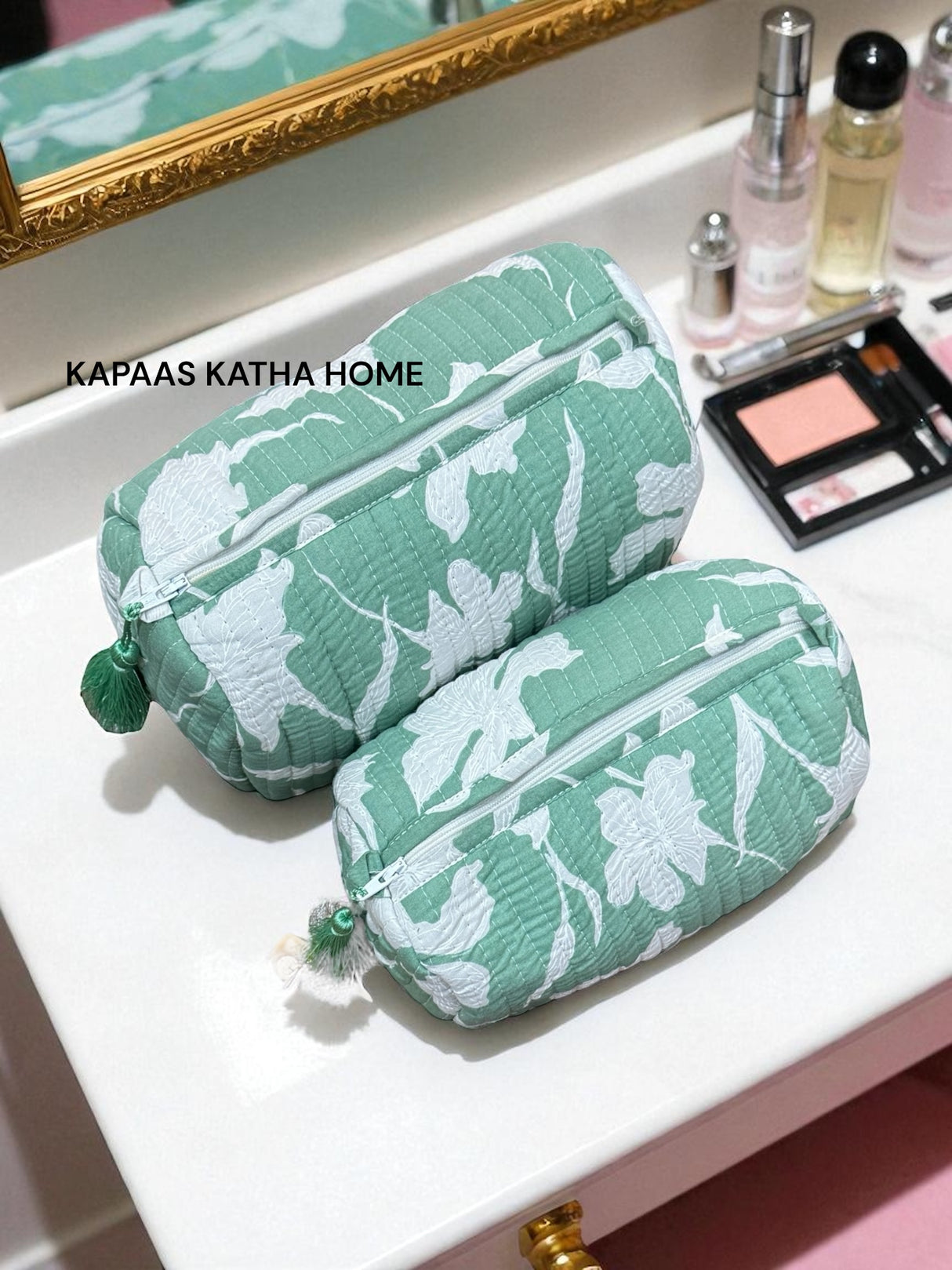 Green White Set of 2 Pouches (medium and small)