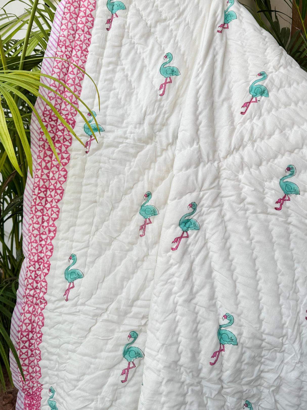 Pink Flamingo Kids Quilt Handblock Printed
