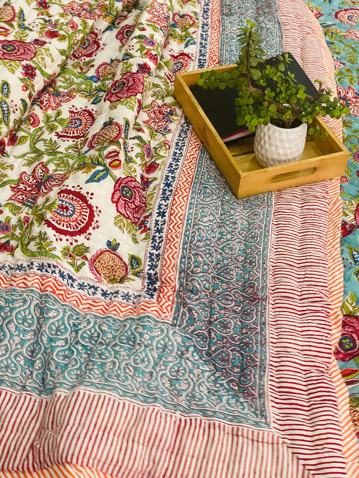 Vibrant Multicolor Floral Cotton Blockprint Bedsheet & Quilt Set