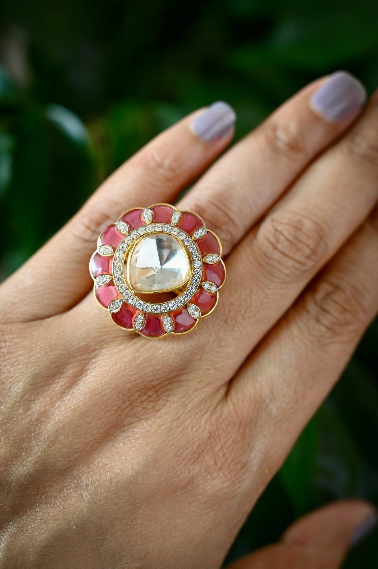 Crimson Legacy Ring - Handcrafted Adjustable 92.5 Silver Ring with Moissanite polki and Imitation Ruby