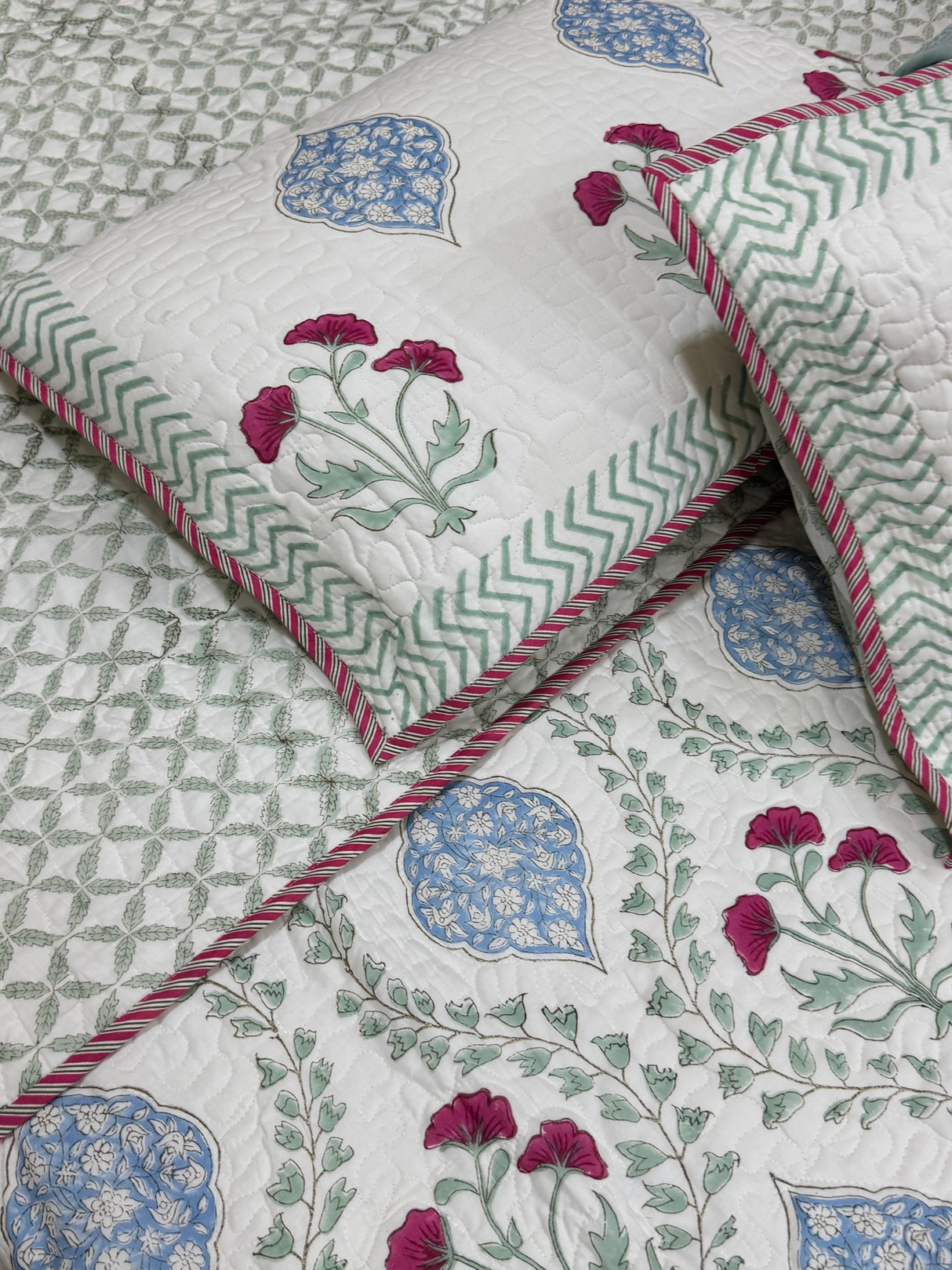 KING Size Quilted Blockprint REVERSIBLE Mulmul Bedcover (108*108 inches)