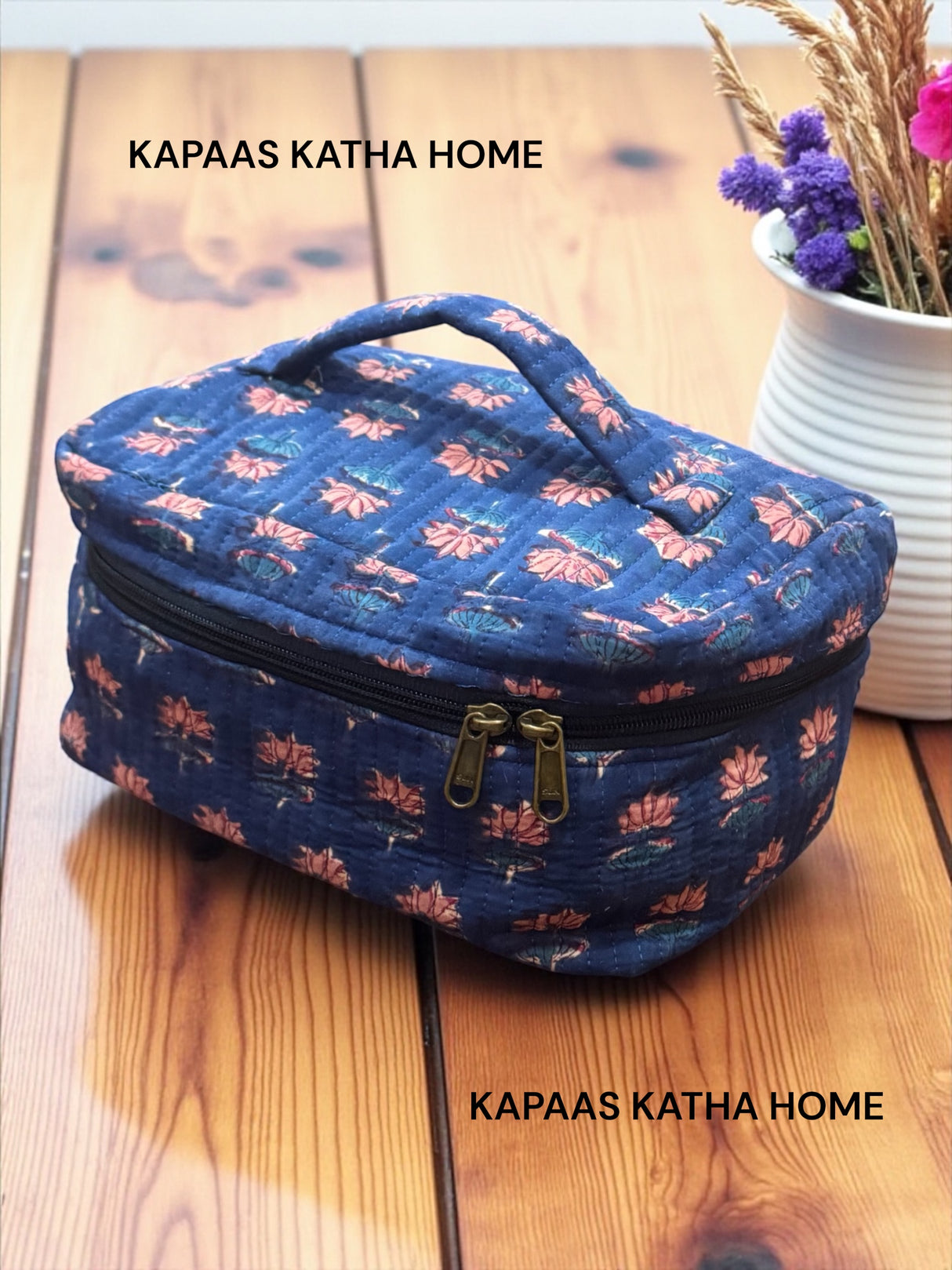 Delightful Blue Floral Vanity Bag for Women