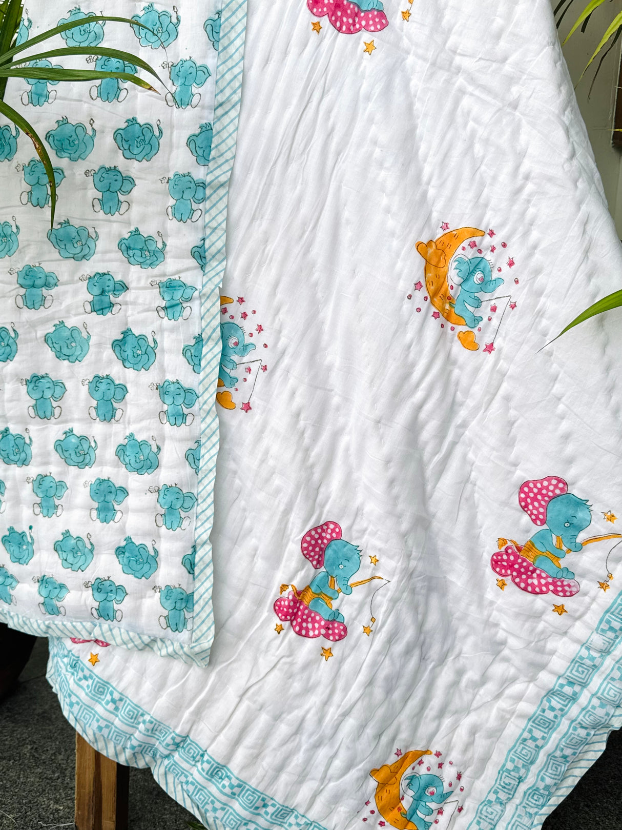 Moonlit Elephant Dreams Blockprint Quilt