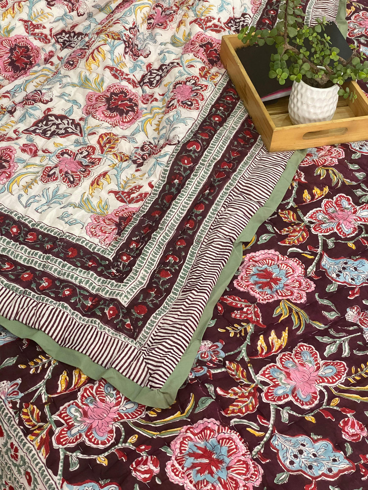 Rich Maroon Blockprint Bedsheet & Quilt Set
