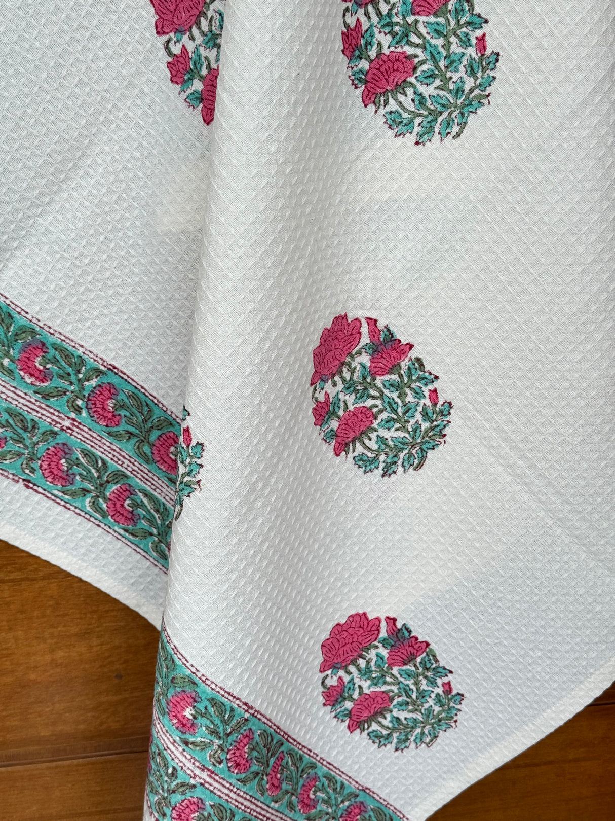 Pretty Rose Blockprint Cotton Towel- Waffle Weave