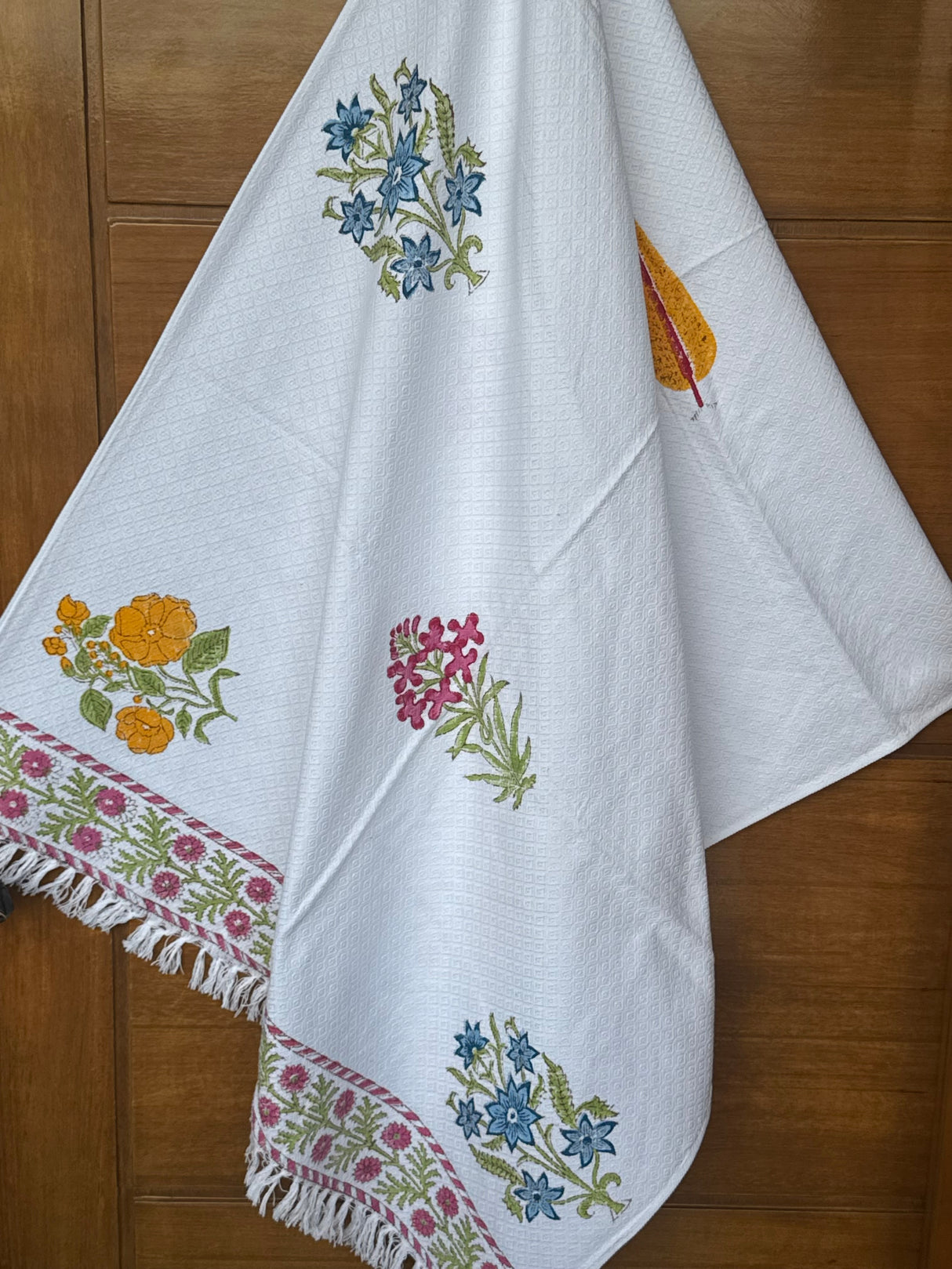 Pretty Floral Blockprint Soft Cotton Towel– Cotton Jacquard Weave