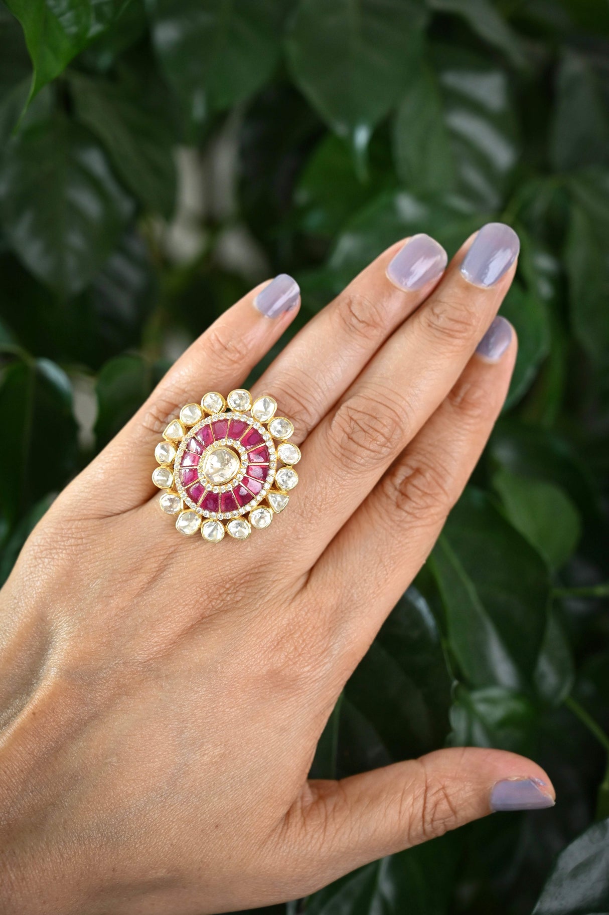 Royal Sage - Handcrafted Adjustable 92.5 Silver Ring with Moissanite polki and Imitation Ruby