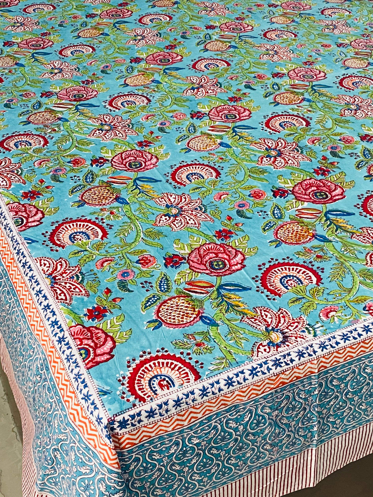 Vibrant Multicolor Floral Cotton Blockprint Bedsheet & Quilt Set