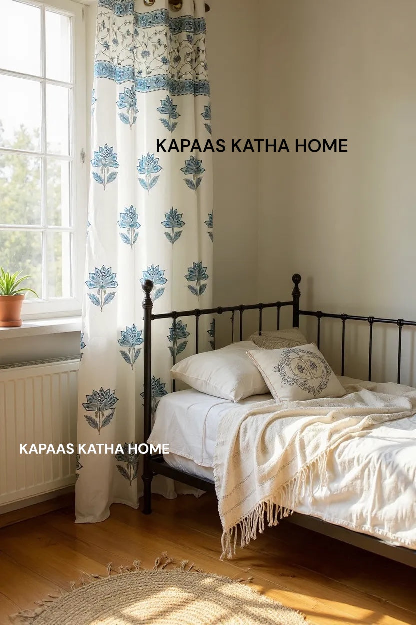 Pair of Blue Floral Blockprint Cotton Curtain (Set of 2)