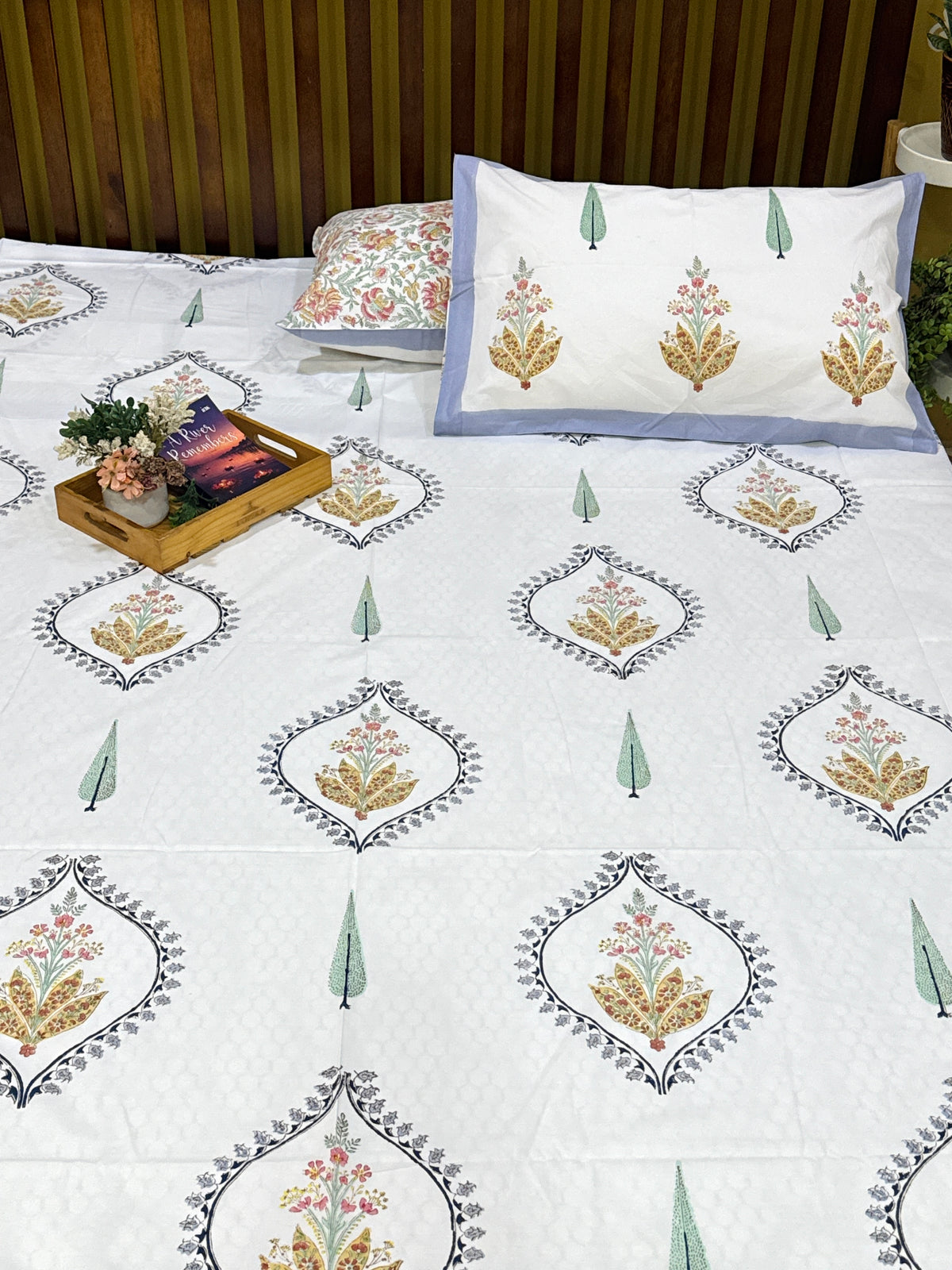 Cypress motif handblock printed bedsheet