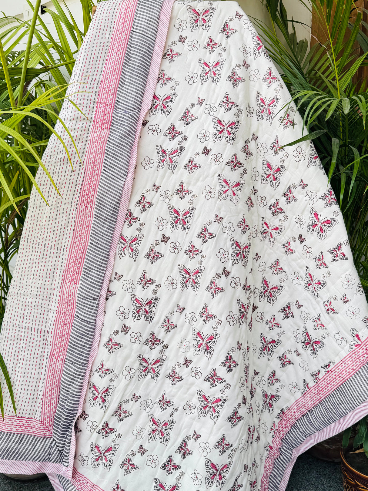 Pink Butterfly Kids Quilt Handblock Printed