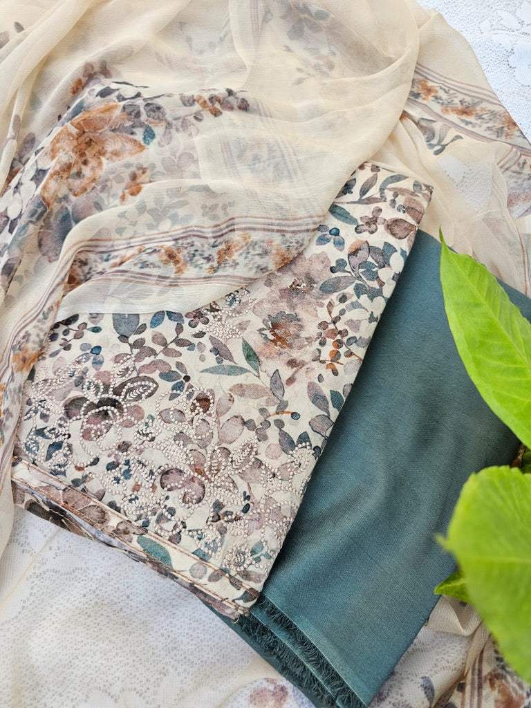 3pc Butter Cotton Printed and Machine Embroidered Suit Set