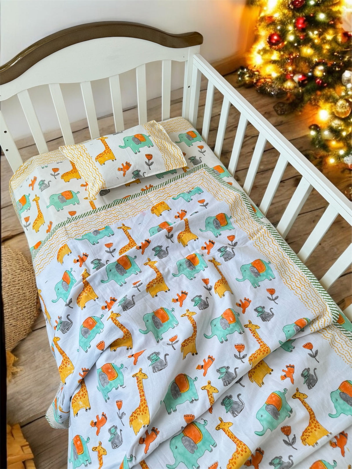 Adorable Giraffe Elephant- Baby Cot Bedding (cot sheet, dohar, pillowcase)
