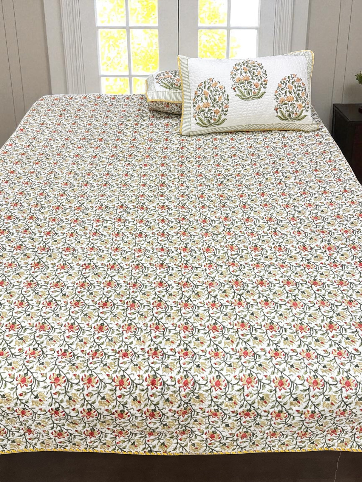 Double Size Quilted Blockprint REVERSIBLE Mulmul Bedcover (90*108 inches)