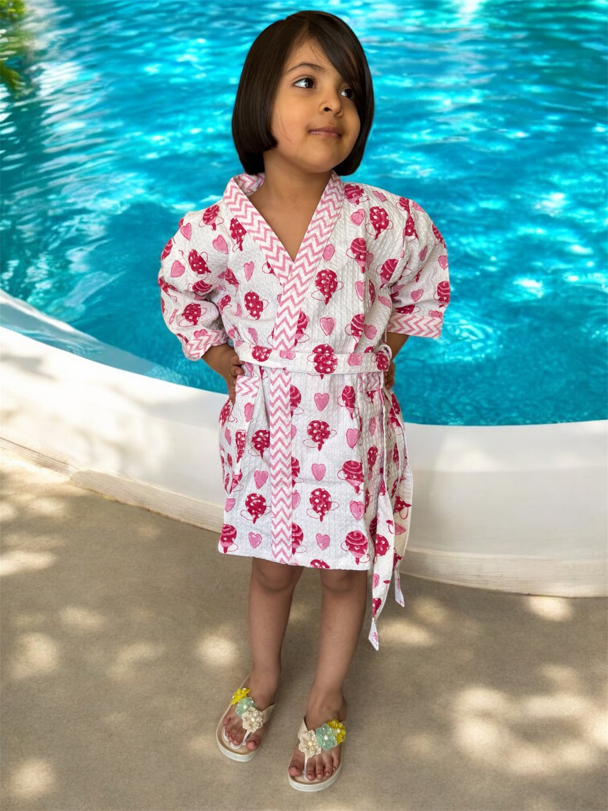 Kids Bathrobe-Cotton Waffle Blockprint