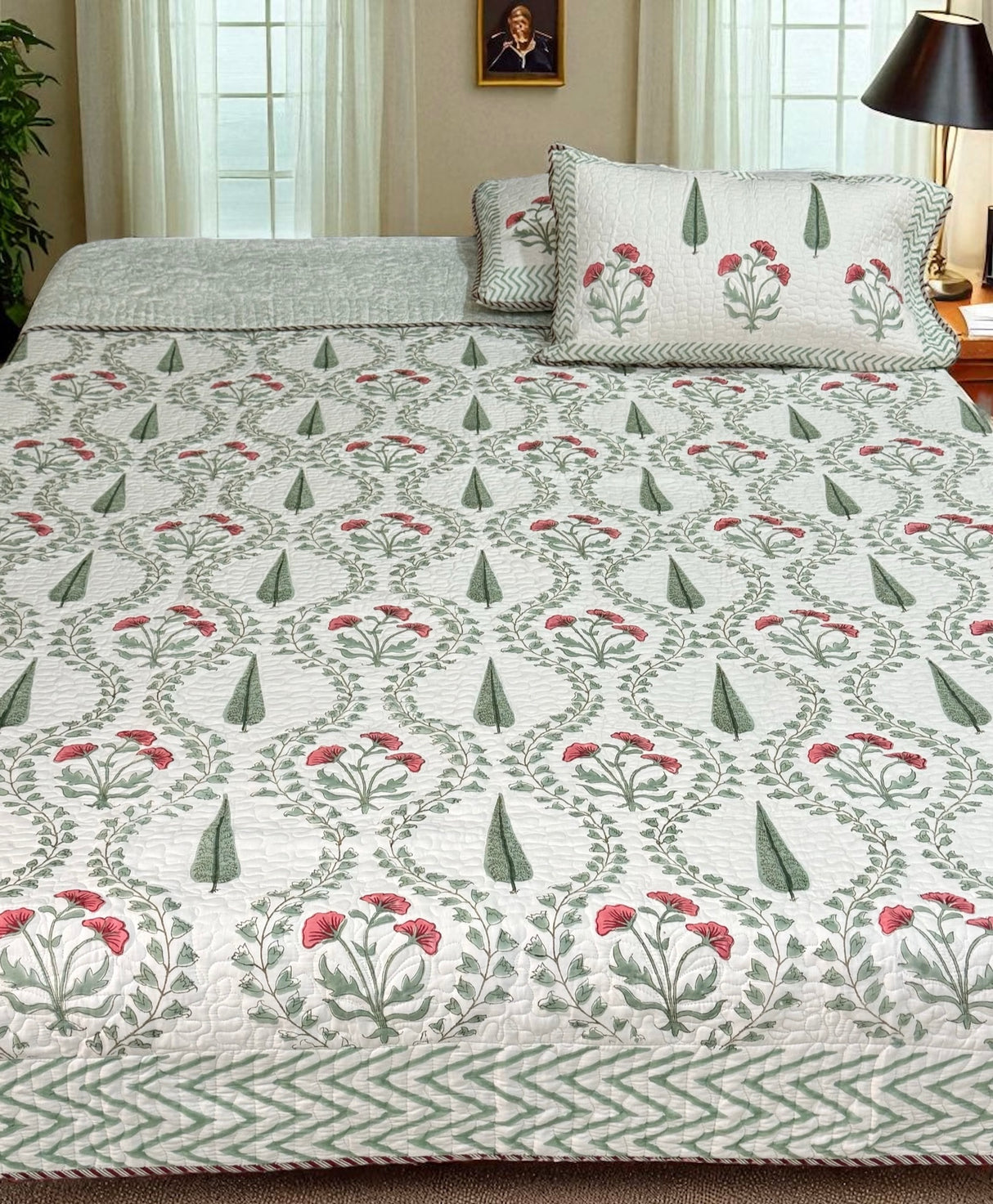KING Size Quilted Blockprint REVERSIBLE Mulmul Bedcover (108*108 inches)