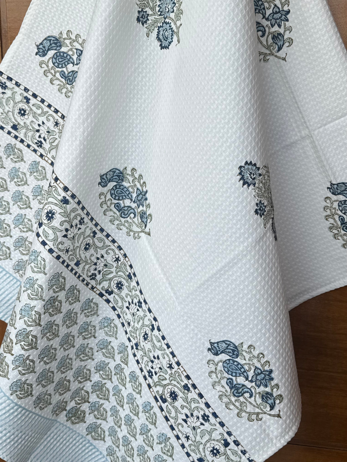 Chic Blue Blockprint Cotton Towel – Waffle Weave