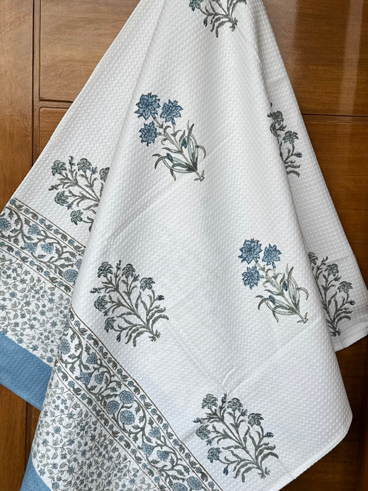 Exquisite Blue Blockprint Cotton Towel- Waffle Weave
