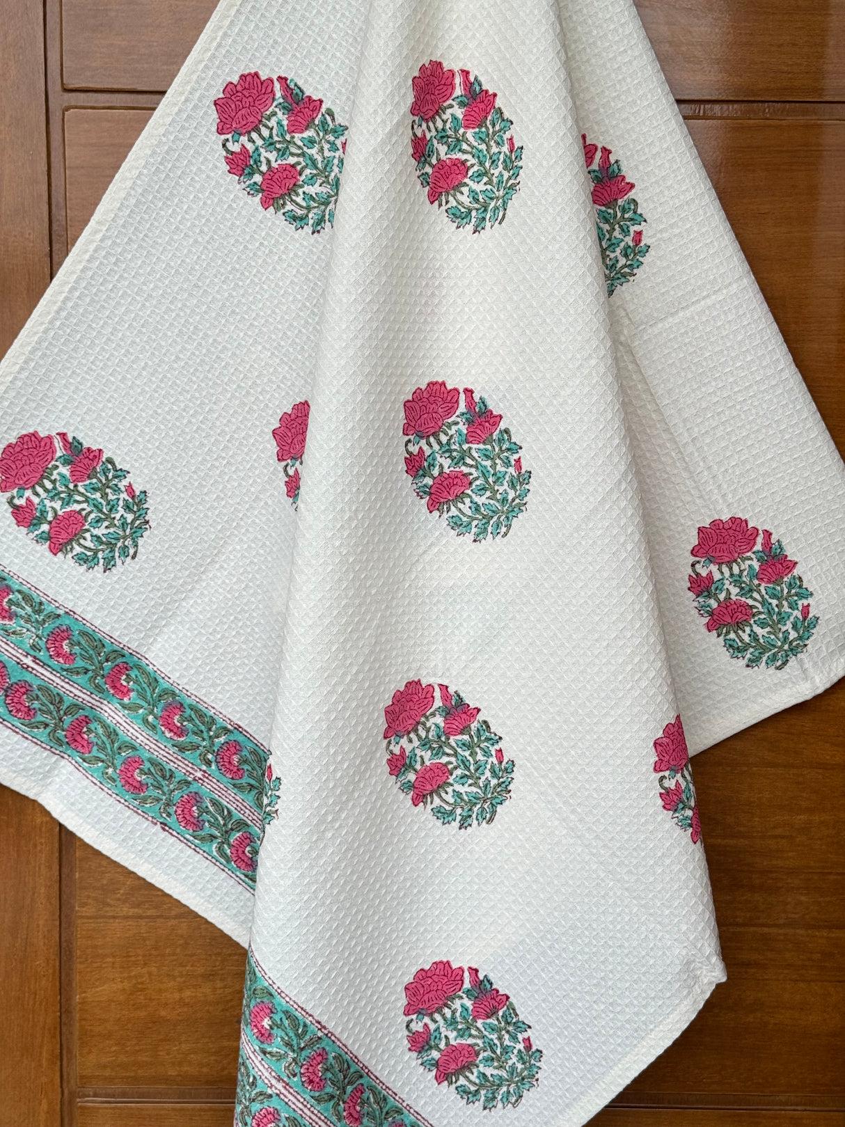 Pretty Rose Blockprint Cotton Towel- Waffle Weave