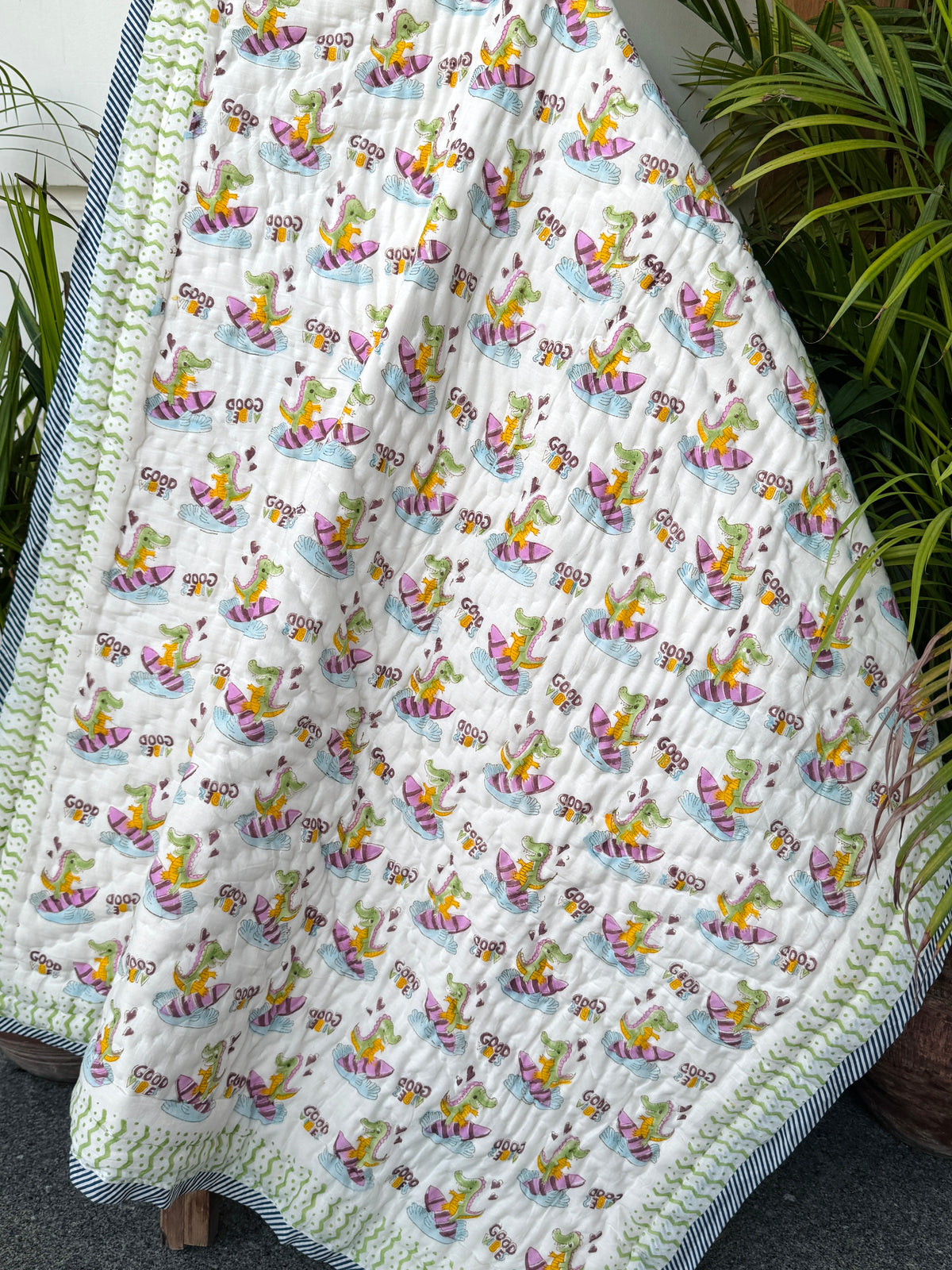 Dinosaur Good Vibes Hand Block Printed Cotton Reversible Kids Quilt