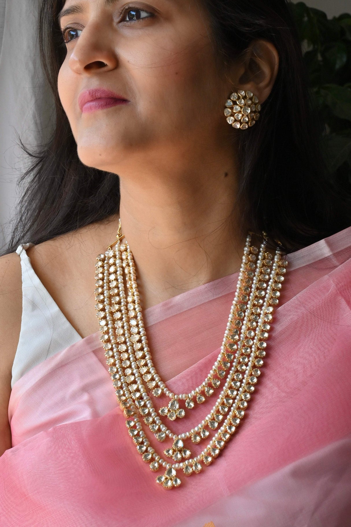 Handcrafted 92.5 Silver Rani Haar and Earrings With Moissanite Polki