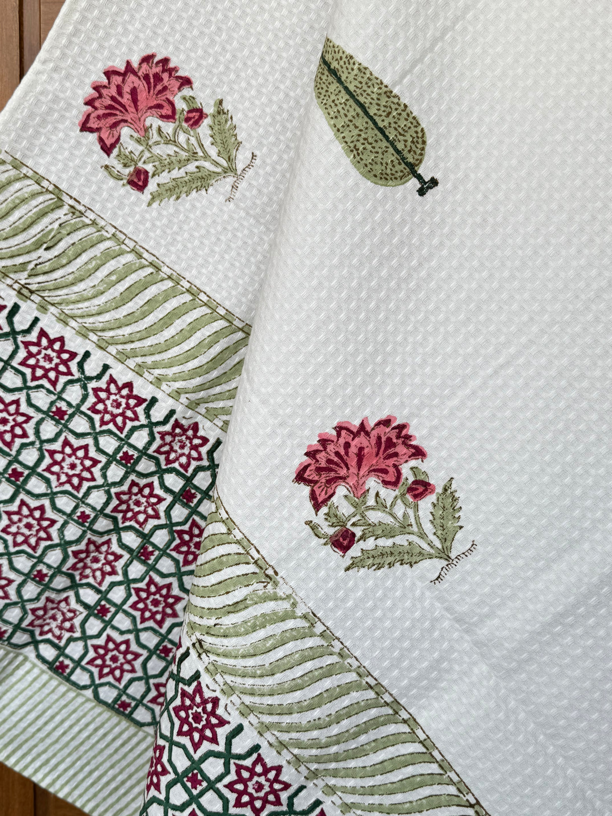 Red Floral Blockprint Cotton Towel- Waffle Weave
