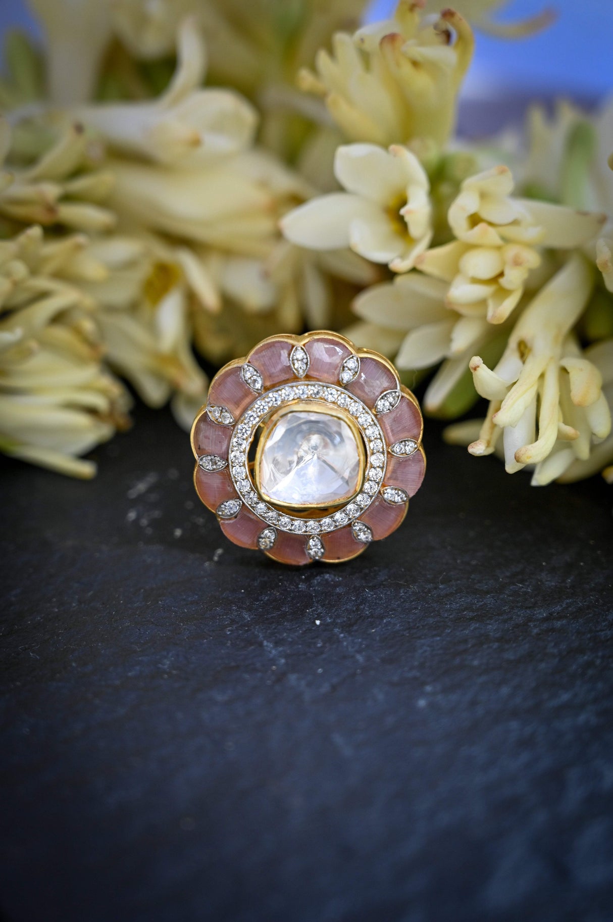 Starlit Majesty Ring - Handcrafted Adjustable 92.5 Silver Ring with Moissanite polki and Imitation Rose Quartz