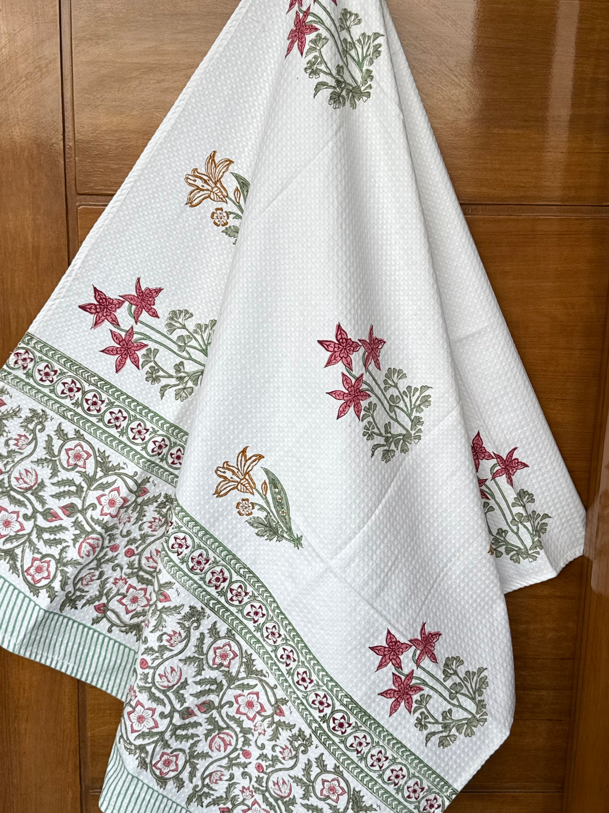 Exquisite Floral Blockprint Cotton Towel- Waffle Weave