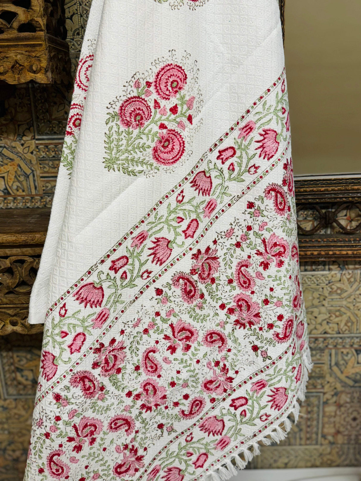 Pink Floral Blockprint Soft Cotton Towel– Cotton Jacquard Weave