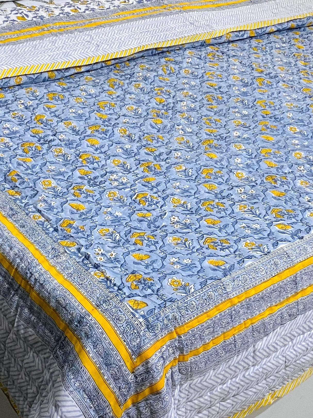 Yellow Bloom Blockprint Bedsheet & Quilt Set