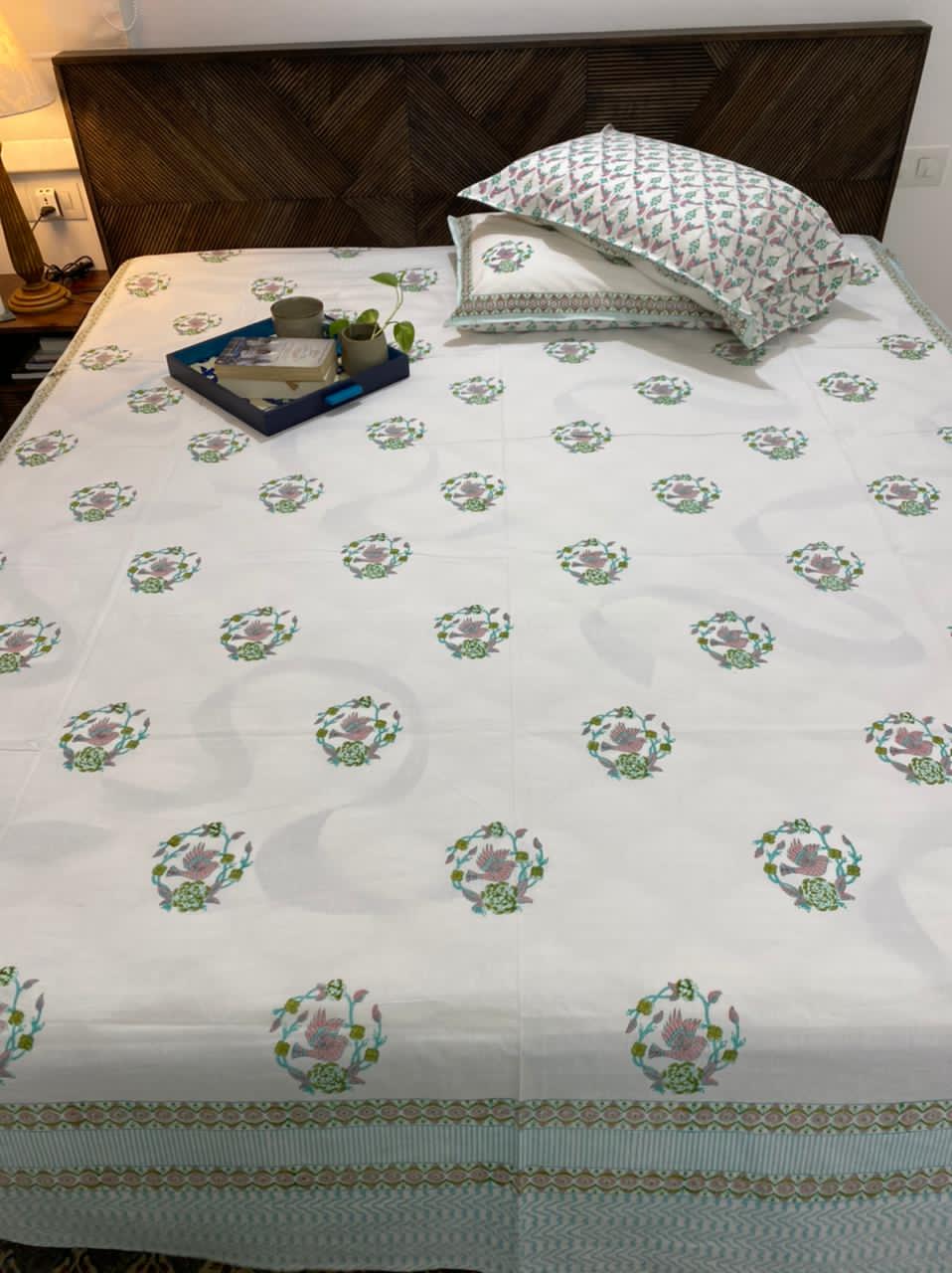 Bird Motif Hand Block Cotton Bedsheet & Quilt Set