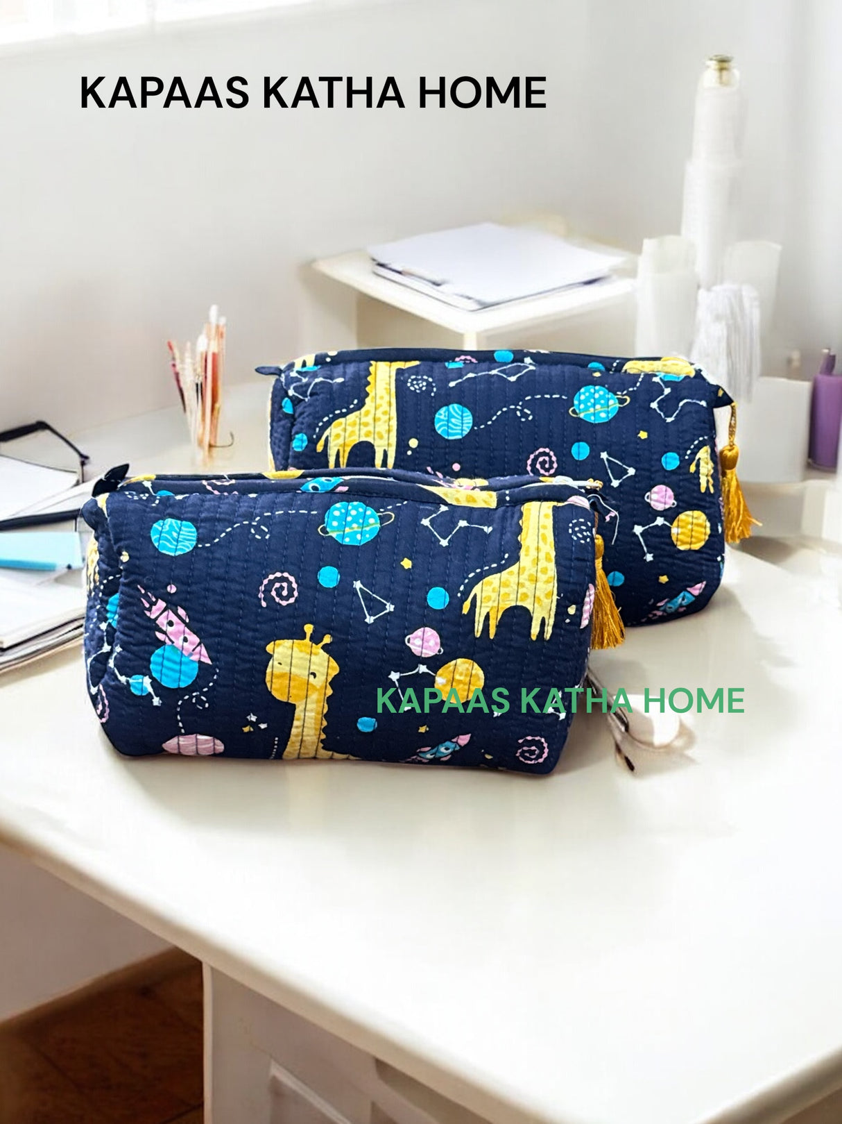 Blue Giraffe Set of 2 Pouches (medium and small)