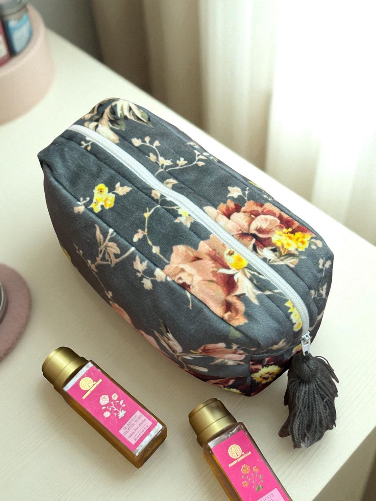 Grey Velvet Quilted Multipurpose Pouch