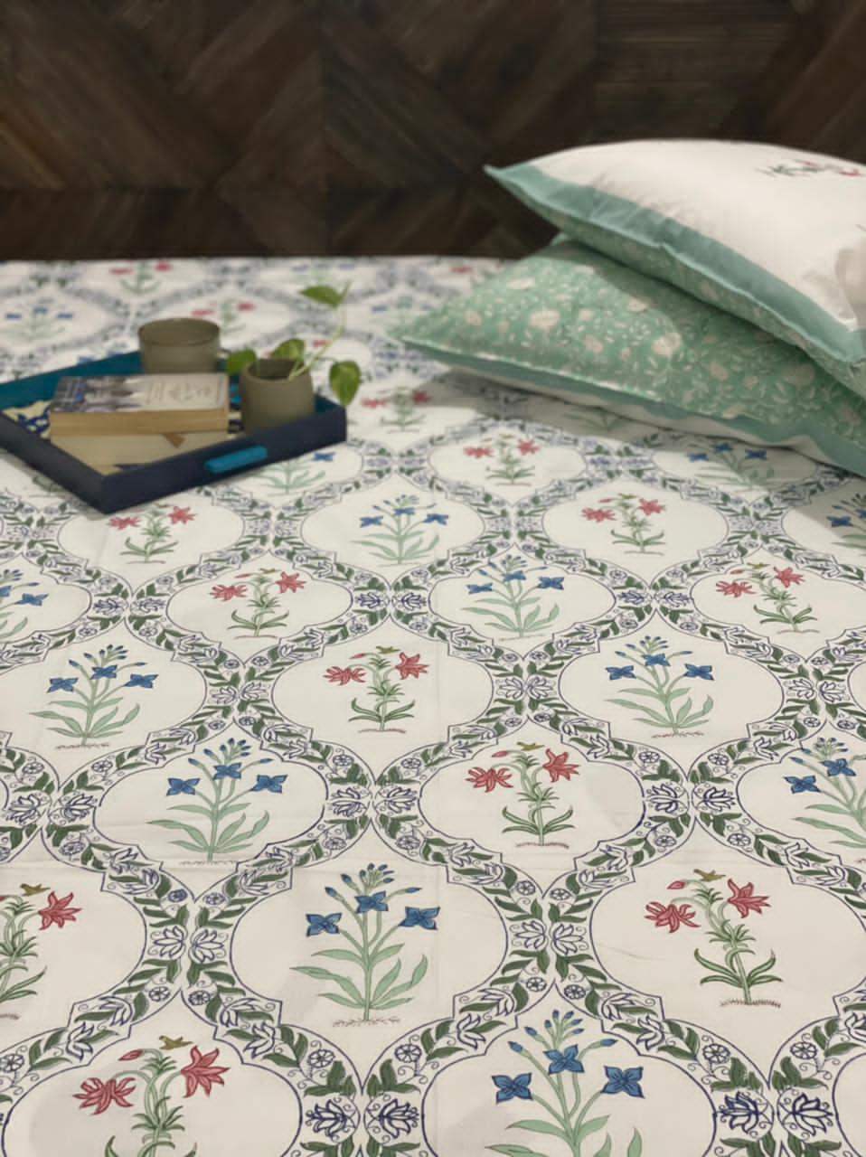 Elegant Green Floral Blockprint Bedsheet & Quilt Set