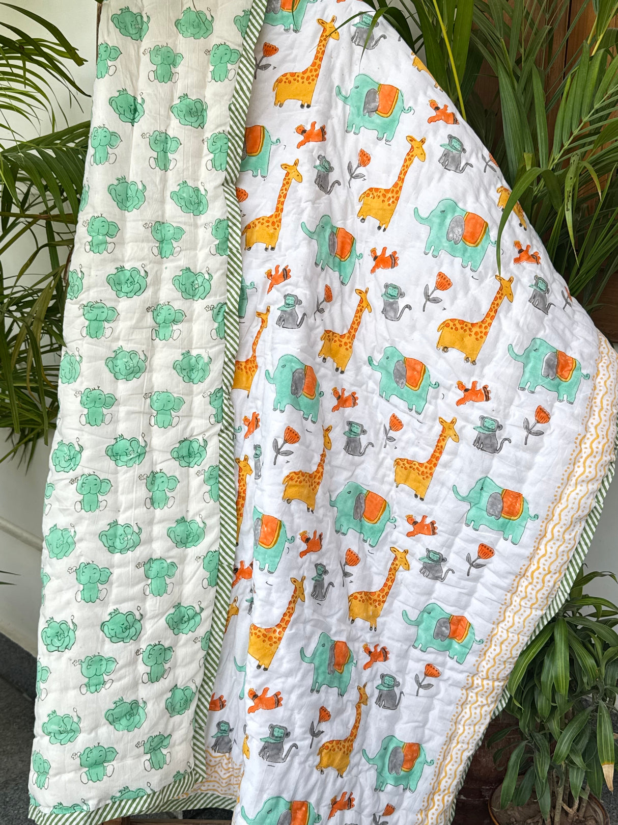 Giraffe Elephant Blockprint Kids Quilt
