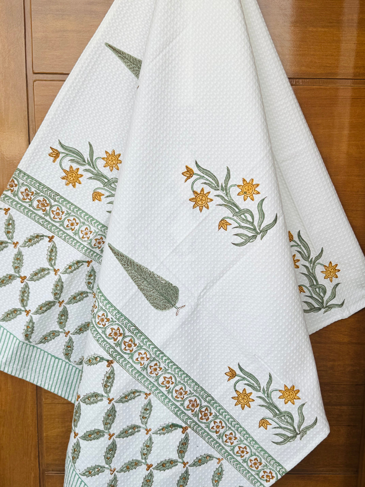 Chic Yellow Blockprint Cotton Towel – Waffle Weave