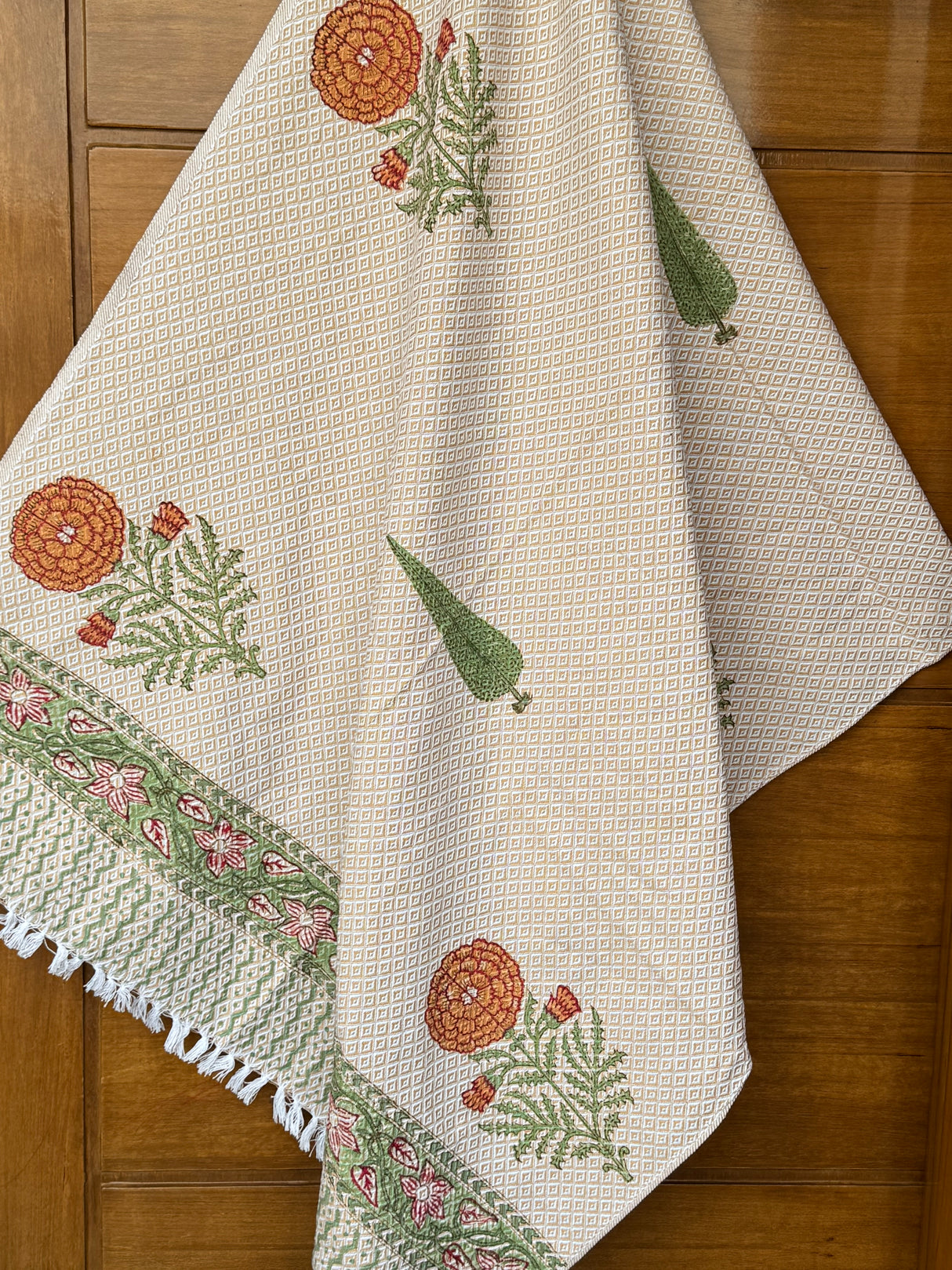 Brown Floral Blockprint Soft Cotton Towel– Cotton Jacquard Weave